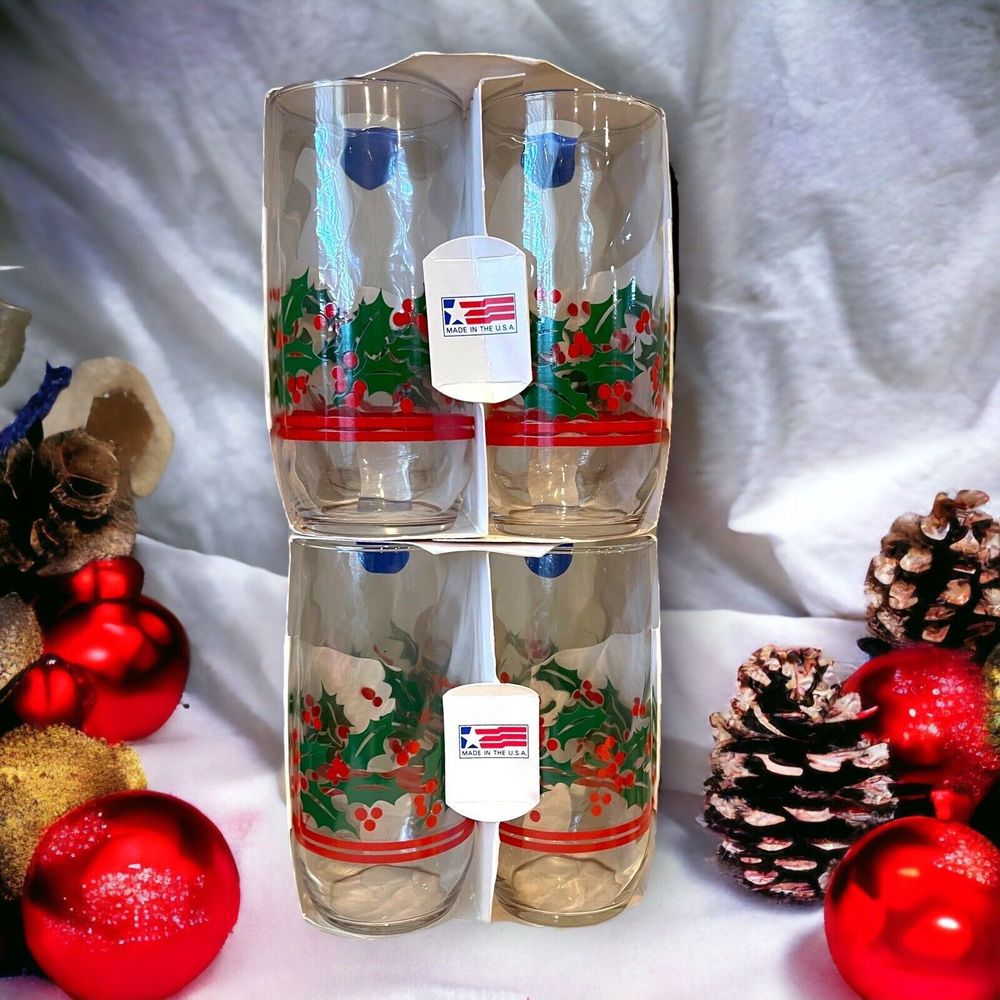 8 VINTAGE Classic CHRISTMAS HOLLY Tumblers 1989 USA COLLECTION 17oz Glasses NEW